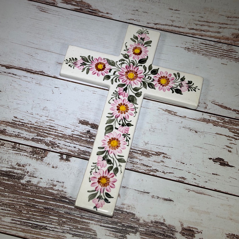Stoma Cuernavaca Mexico Hand Painted Ceramic Floral Wall Cross Pink Daisy White